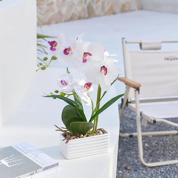 Artificial Real Touch Orchid Flowers in Pot Fake Phalaenopsis Flower with White Ceramic Vase Faux Orchids Arrangement for Home Table Office Wedding Party Decoration (White)
