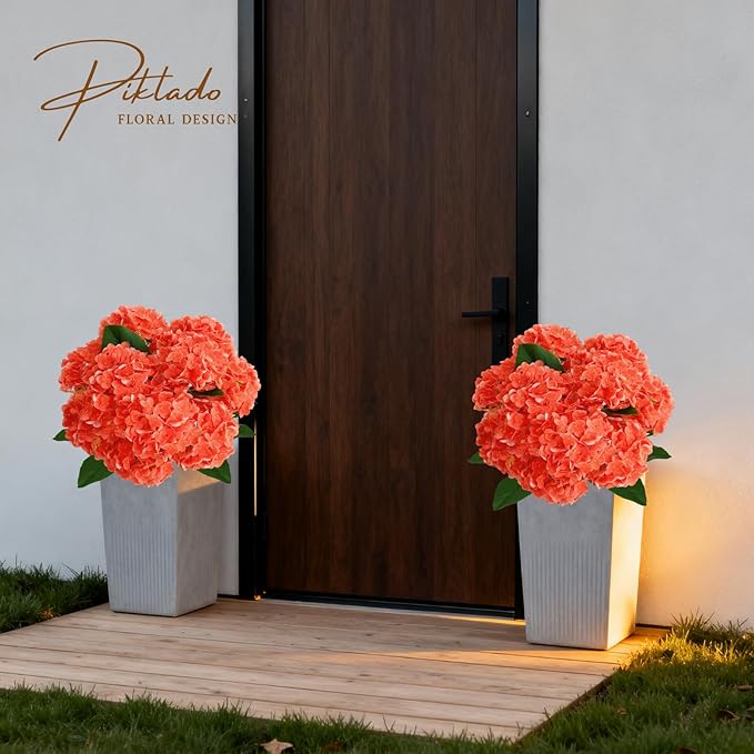 A Bunch 20in, Real Touch Hydrangea Artificial Flowers, with 5pcs Flower Head 8pcs Leaves, Faux Hydrangea Flowers for Home Office Decor Wedding Party Arrangements (1, Orange-red)