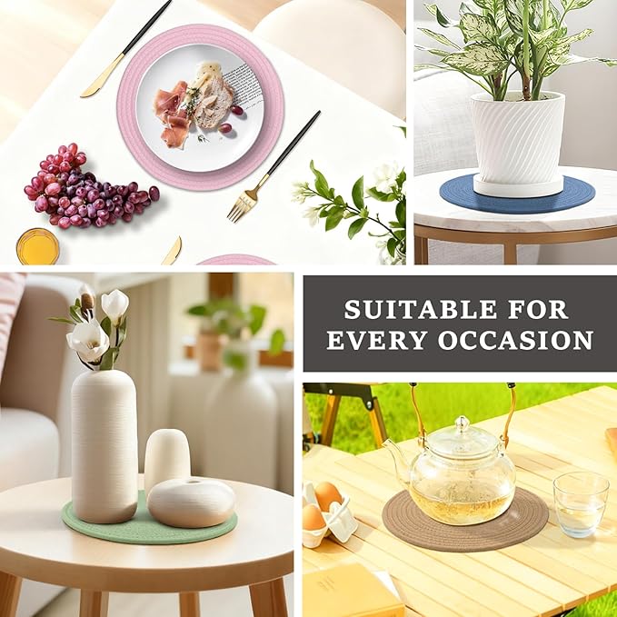 Round Placemats Set of 6, Cotton Rope Woven Table Mats, Hot Pads for Kitchen, Non Slip Heat Resistant Place Mats, 13 Inches Braided Placemat for Farmhouse Decor and Kitchen Table Decor (Khaki)