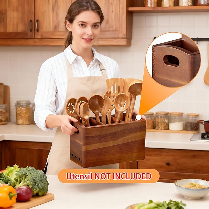 Natural Acacia Wood Utensil Holder for Kitchen Counter (Large), 3 Compartment with Removable Dividers 11.7"x7.1"x4.5", Large Cooking Utensil Organizer - Anti-Scratch Bottom