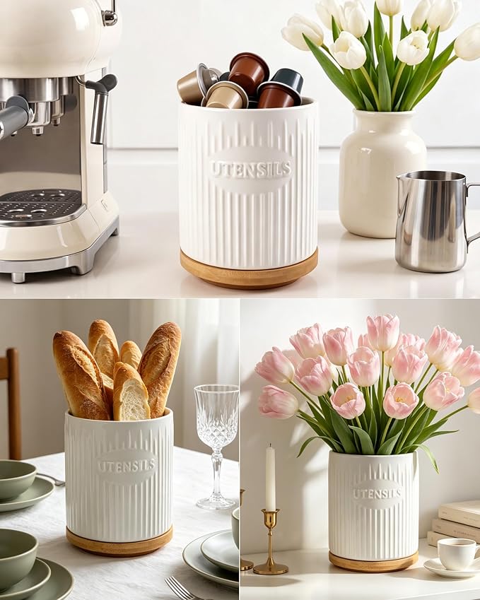360° Rotating Utensil Holder, 7.6" Large Ceramic Kitchen Utensil Holder for Countertop with Rotatable Bamboo Base, Stable Cooking Utensil Crock, Farmhouse kitchen Decor, White