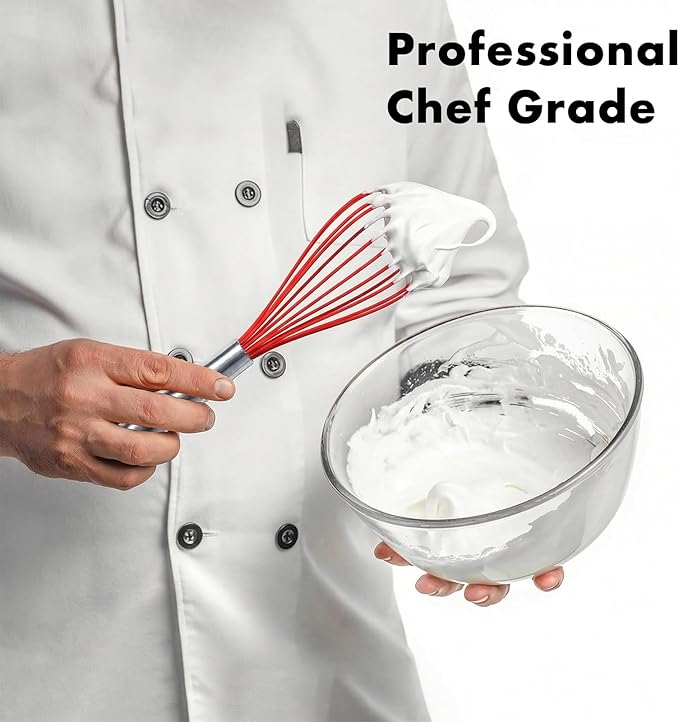 OYV 10-Inch Red Silicone Whisk, Heat Resistant 480°F Kitchen Whisk with Stainless Steel Ergonomic Handle, Non-Scratch for Nonstick Cookware, Dishwasher Safe, Perfect for Blending, Cooking & Beating