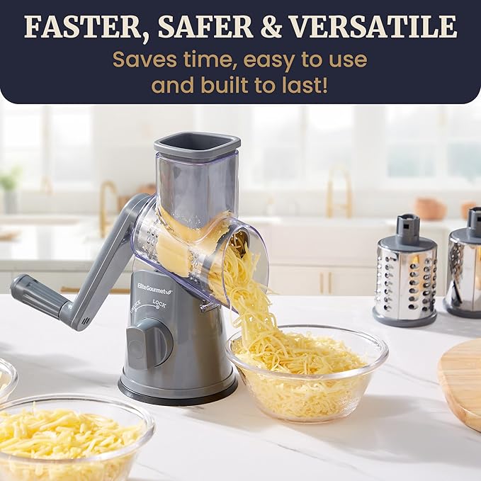 Elite Gourmet EFP593 Rotary Cheese Grater with 3 Stainless-Steel Blades for Slicing, Shredding & Fine Shredding, Strong Suction Base, Dishwasher-Safe, Grey