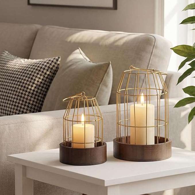 Rustic Farmhouse Lantern Decoration Set of 3, Modern Decorative Lanterns Indoor Outdoor, Metal Candle Holders for Porch Patio Fireplace Mantle Dining Room Table(Light Brown, Gold)