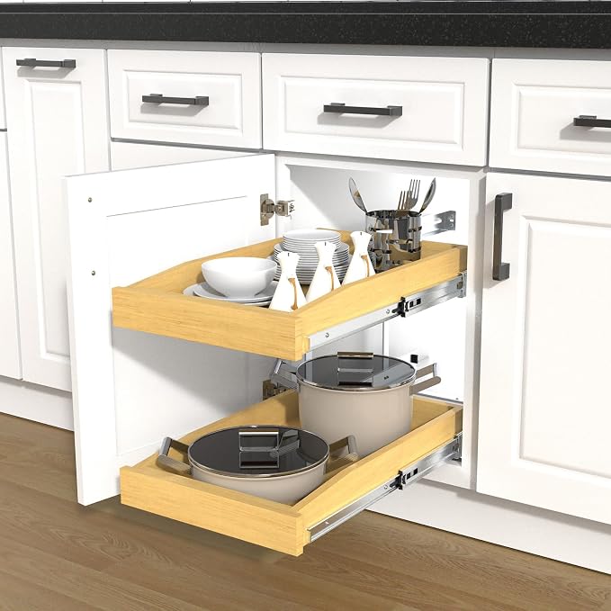 2 Tier Pull Out Cabinet Organizer, 23"W x 21"D Solid Wood Heavy-Duty Base Bottom Assembly Slide out Drawer Shel Cabinet Organization for Kitchen, Pantry, Bathroom