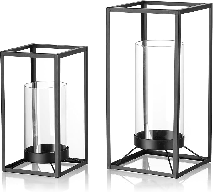 Black Lantern Decorative Indoor Set of 2: Glass Metal Hurricane Candle Holder Modern Farmhouse Lanterns Decor Outdoor for Table Centerpiece Fireplace Wedding