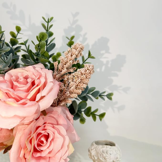 Silk Flowers with Vase, Artificial Flowers Arrangement with Glass Vase Artificial Flowers Bouquet for Decoration Table Centerpiece (Pink)