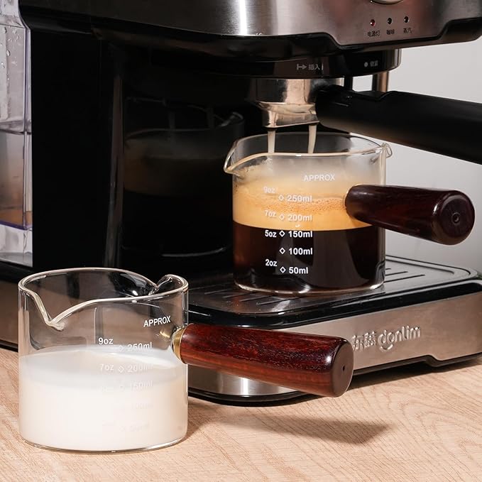 250ML/8.5OZ Measuring Cup Espresso Shot Glasses Double Spouts Large Coffee Cup with Wood Handle Triple Pitcher Milk Cup Parts Clear Glass By BCnmviku (250ml-1pack)
