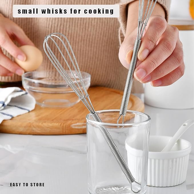 Digead Mini Wire Whisk, 3 Pack - 8, 10 & 12 Inch Small Whisk for Cooking - Ergonomic Spiral Handle, 304 Stainless Steel - Lightweight Mixing Tool for Whisking, Beating & Mixing Sauces - Silver