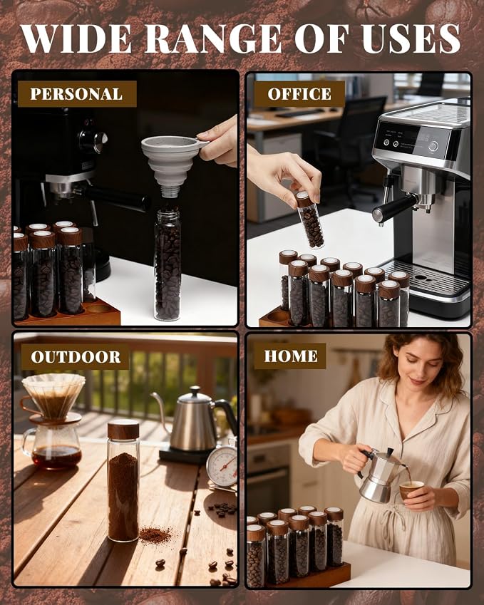 12 Pcs Single Dose Coffee Bean Storage Tubes, Coffee Bean Container for Espresso with One-Way Valve, Espresso Storage kit with Walnut Stand, Collapsible Silicone Funnel & Labels