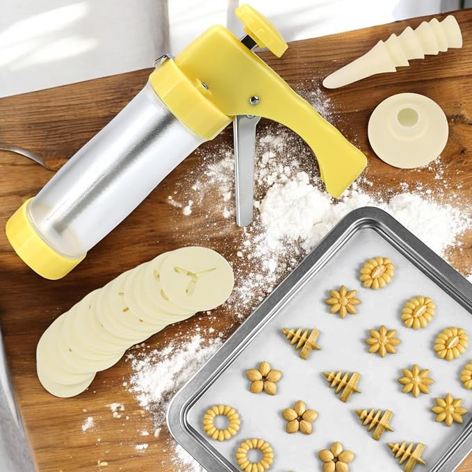 Cookie Press Gun Kit – Cookie Spritzer Set with 16 Discs and 6 Piping Tips for Baking, Cake Icing Nozzle, Deviled Egg Filler, Donut Decorating, Stainless Steel Food Syringe, Extruder, Injector