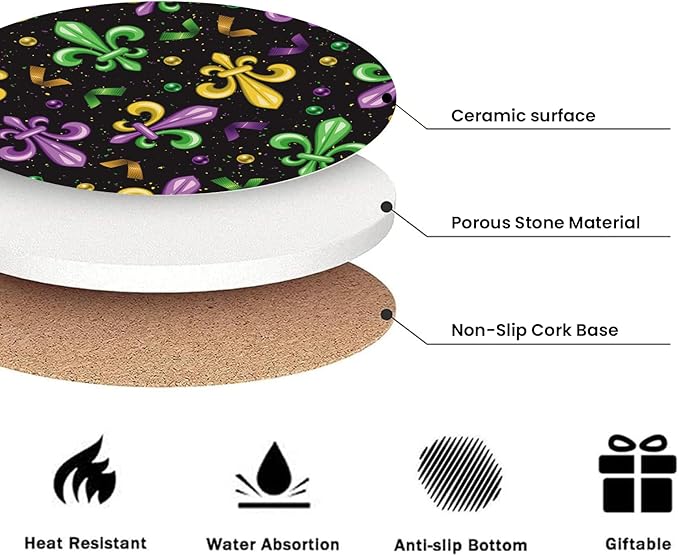 Mardi Gras Coasters for Drinks Set of 6,Round Absorbent Ceramic Stone Coaster with Metal Holder Stand, Fleur De Lis Carnival Coasters with Cork Base for Home Decor Coffee,Kitchen,Party,Gifts