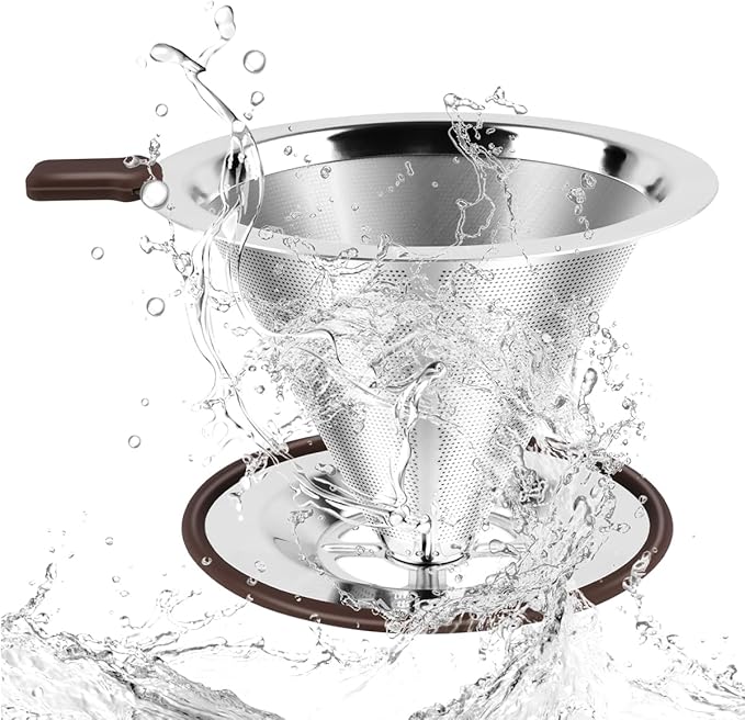 FACIACC Pour Over Coffee Dripper, Professional Stainless Steel Coffee Filter, Paperless and Reusable, Upgraded Double Micro Mesh Filter with Spoon and Silicone Tray, Cleaning Brush (1-2 Cup)