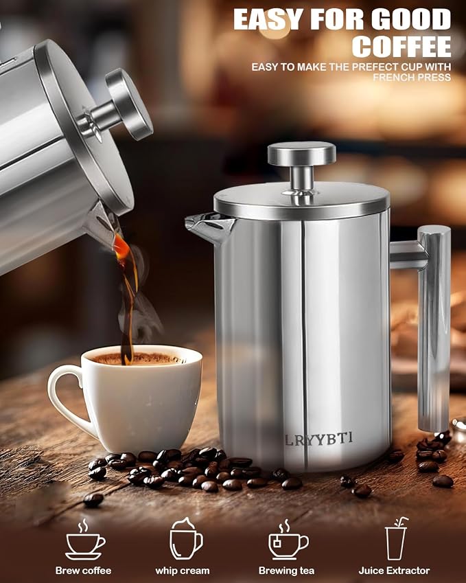 French Press Coffee Maker, Stainless Steel Coffee Press with scale lines (Silver, 17 OZ)