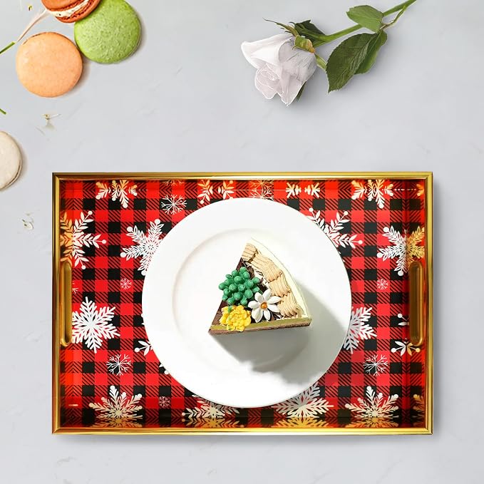 Christmas Gold Serving Tray with Handles, Plastic Decorative Tray, Rectangular Coffee Table Tray for Ottoman, Storage Trays for Bathroom, Living Room Decor