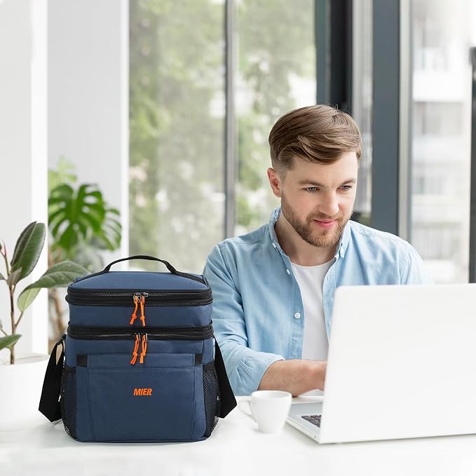 MIER Lunch Box for Men Expandable Insulated Dual Compartment Lunch Bag Leakproof Cooler Bag with Front and Back Pockets for Adult Work Travel Picnic Beach, Blue
