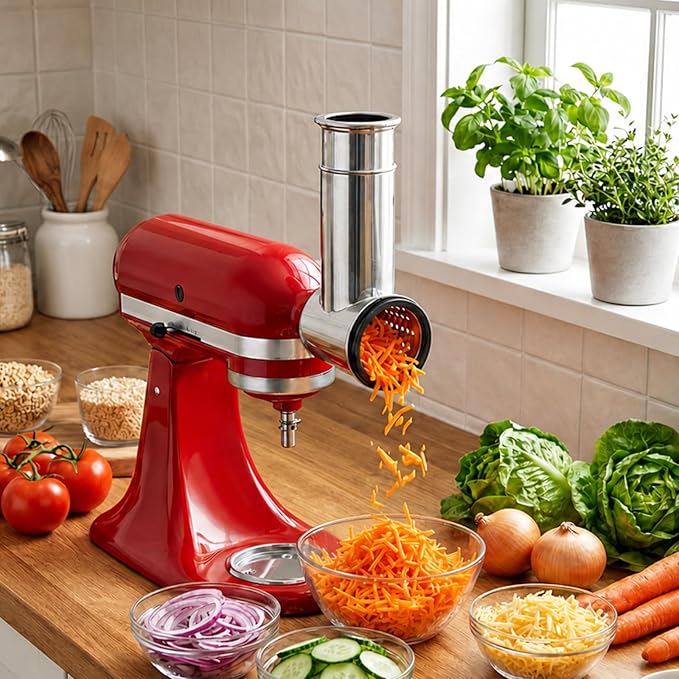 Stainless Steel Slicer Shredder Attachment for Kitchenaid Stand Mixer,kitchen aid cheese grater,Salad Maker,Dishwasher Safe with 4 Blades by Kitchwiyte
