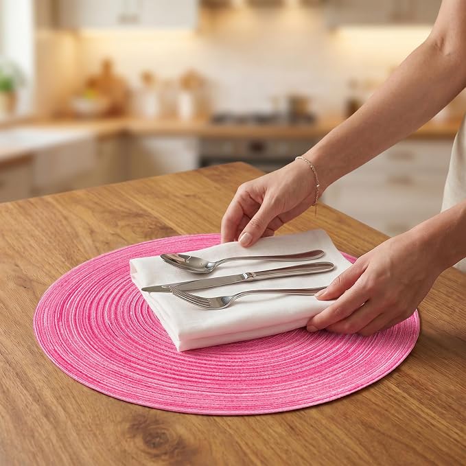 AHHFSMEI Round Braided Placemats Set of 6 Woven Table Mats for Dining Table Heat Resistant Easy to Clean Perfect for Kitchen & Home Decor (Hot Pink)