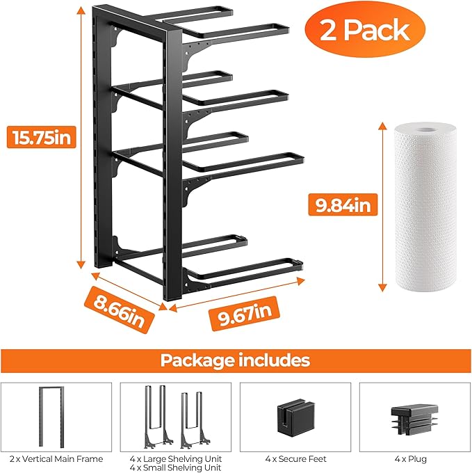 MUDEELA 2 Pack Pots and Pans Organizer under Cabinet, 4-Tier Heavy Duty Pan Organizers inside Cabinet Kitchen Storage, Adjustable Pot Rack Holds up to 44 LB Cast Iron Skillets Shallow Cookware