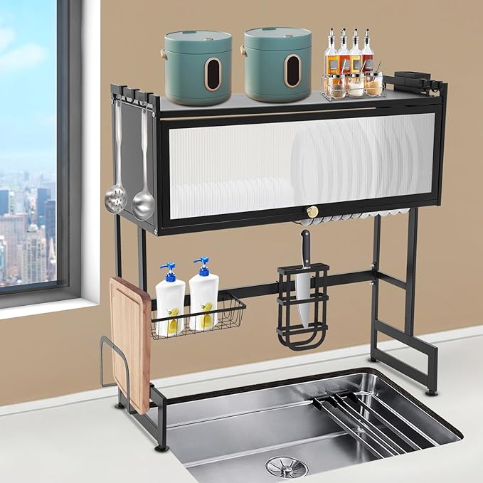 Over The Sink Dish Drying Rack 2 Tier Large Dish Drainer Drying Rack 29.53" W x 31.5" H Multifunctional Kitchen Organizers and Storage for Dishes, Glasses, Bowls, and Cutlery (Black)