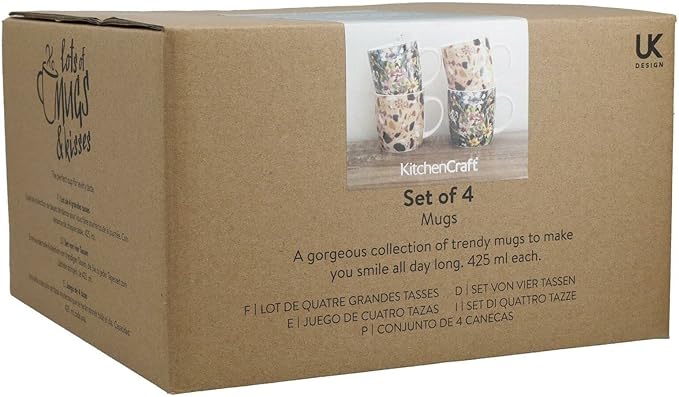 KitchenCraft Terrazzo Floral Set of 4 Stoneware Barrel Coffee Mugs 425ml