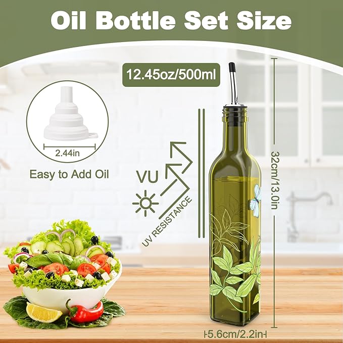 COOLMI Oil and Vinegar Dispenser Set - 17oz/500ML Premium Glass Olive Oil Dispenser Bottles for Kitchen, Oil Dispenser for Kitchen (Butterfly)
