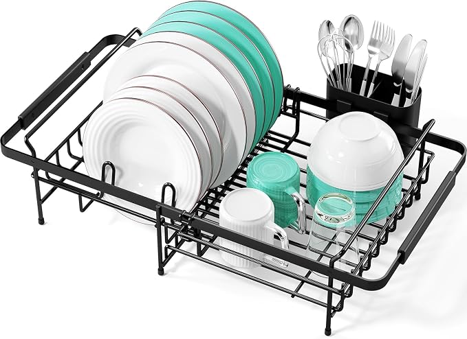 Urackify Dish Drying Rack in Sink - Stainless Steel Expandable (14.5''-18''L) Over The Sink Dish Rack with Utensil Holder, Space-Saving Dish Drainer for Kitchen Counter, 1 Piece, Matte Black
