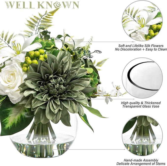 Artificial Flowers in Vase with Fake Water, Silk Rose Dahlia Lily Flowers Bouquet with Glass Vase for Home Birthday Party Wedding Dinning Table Office Hotel Decor Gift (Green & White Mixed)