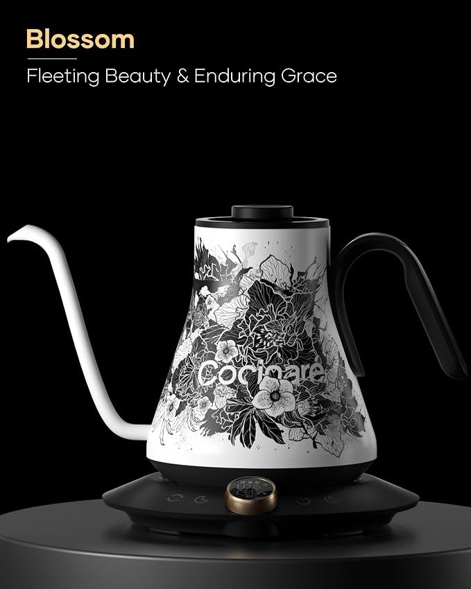 Cocinare Artisan Blossom Gooseneck Electric Kettle, ±1℉ Precise Temperature Control for Pour-Over Coffee & Tea, Quick Heating 1500W, Stainless Steel Interior, 0.9L