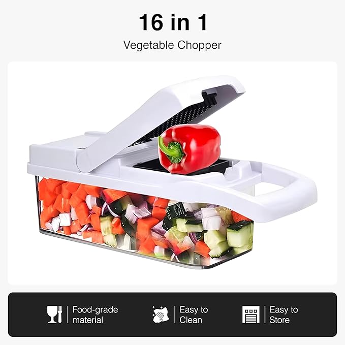 ISHKITCH 16-in-1 Vegetable Chopper & Mandoline Slicer – Multi-Blade Food Dicer, Onion Chopper, Veggie Cutter with Stainless Steel Blades, Dishwasher Safe Kitchen Tool