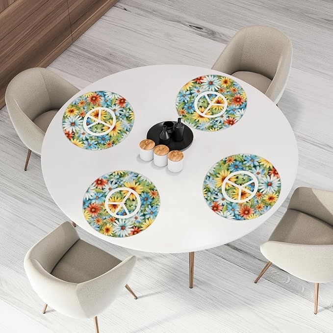 Round Placemats Set of 6, Peace Sign Daisy Sunflowers Woven Placemats Mats Non-Slip Heat Resistant Washable Table Mats Round Braided Place for Farmhouse Kitchen Dining Party Decor 15in