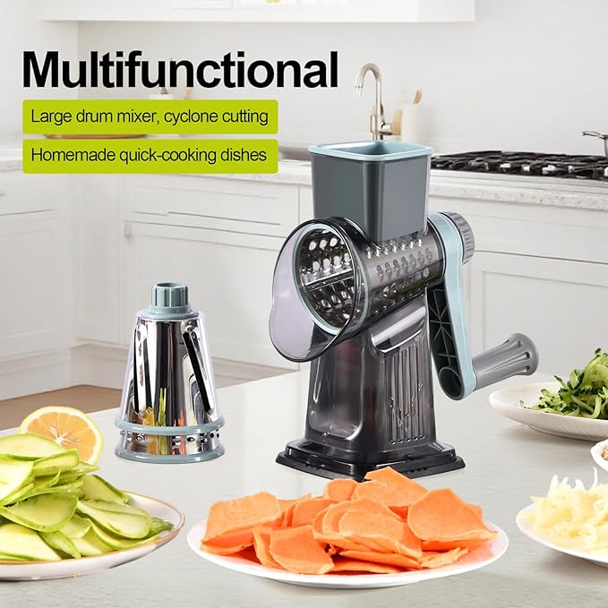 Rotary Cheese Grater, 3-in-1 Shredder for Cheese Vegetables Nuts with Hand Crank - Interchangeable Stainless Steel Blades, Strong Suction Base, Finger-Safe Design, BPA Free, Blue
