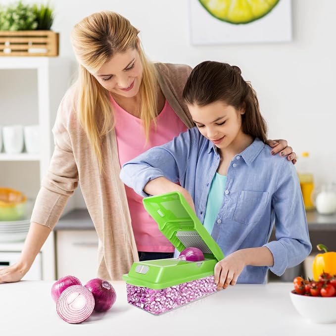 LHS Professional Multifunctional Vegetable Chopper Pro Food Chopper with Food Storage Containers, Mandoline Slicer Onion Dicer Fruit Cutter, Kitchen Gadgets and Home Essentials(7 in 1, Green)