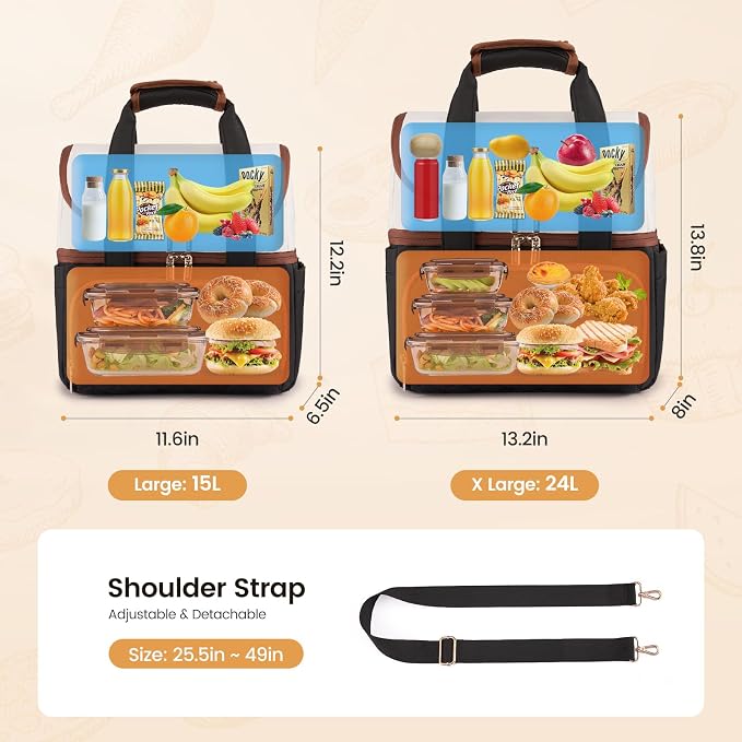 LOVEVOOK Insulated Lunch Bag for Women,Large Double Deck Adult Lunch Box,Teacher Lunch Tote Bag with Cup Holder,Leakproof Cooler Bag with Adjustable Shoulder Strap for Work Picnic Beach,Larger 15L