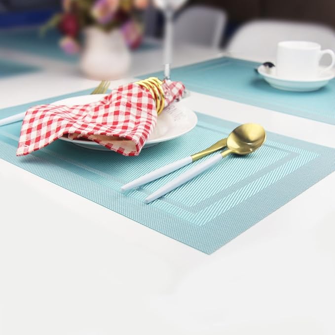 PIGCHCY Heat Insulation Non Slip Plastic Placemats,Washable Easy to Clean Woven Vinyl Kitchen Stain Resistant Placemats for Dining Table Set of 4(Sky Blue)