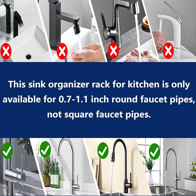 Kitchen Sink Faucet Organizer Multifunction Sponge Holder Organizer Sink Drain Holder Over Faucet Kitchen Sink Caddy with Hook Adjustable for 0.7-1.1inch Round Water Pipe (Black, S)