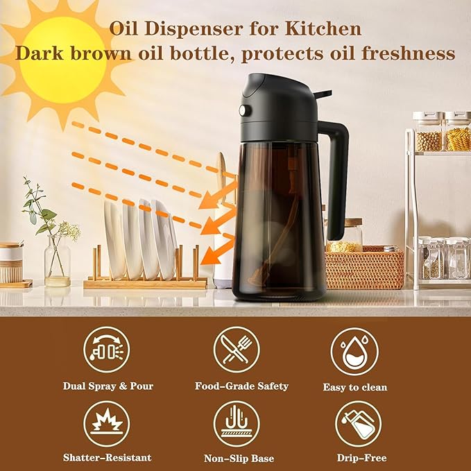 LAKUMIQI 2-in-1 Olive Oil Sprayer for Air Fryer – 16oz Glass Oil Dispenser & Cooking Oil Mister – Spray & Pour Bottle, Non-Aerosol, Leak-Resistant, for Salad, BBQ, Kitchen