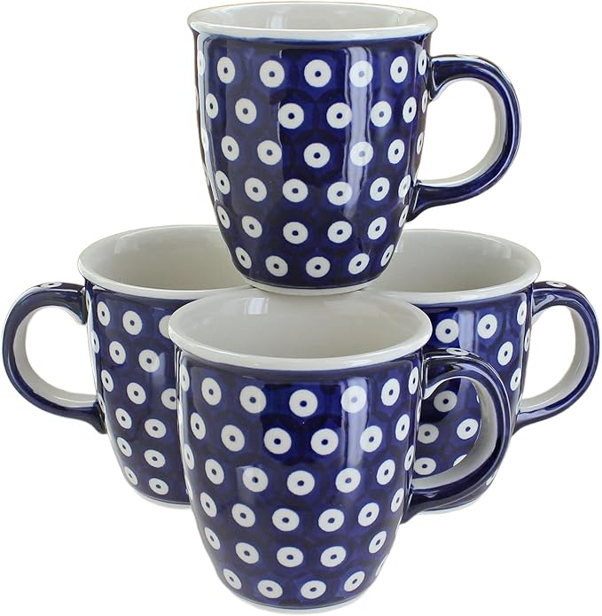 Blue Rose Polish Pottery - Blue Dots 4 Piece Mug Set - 4 8 oz Mugs - Great Mug Set for Entertaining Guests