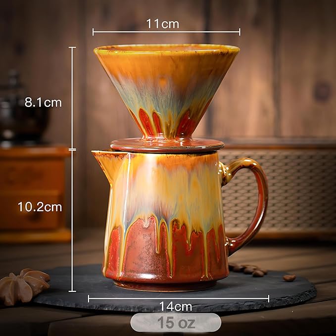 Ceramic Pour Over Coffee Dripper Vintage, Pour Over Coffee Maker Set, Filter Cup, Coffee Brewer Cone Filter, V60 Dripper & Decanter set, for Home Café Restaurant, 1-2 Cup (Gradient Red)