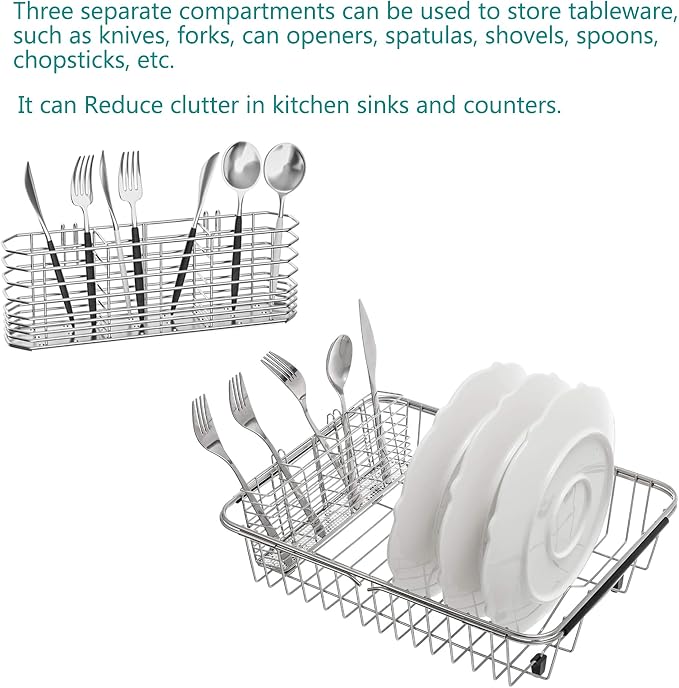 NiuYichee 304 Stainless Steel Utensil Holder, Dish Drying Rack, kitchen Utensil Organizer, Knife and Fork Drainage Rack, Kitchen Drainage Basket Accessories, With Hooks, Rust Proof, Color-Silver