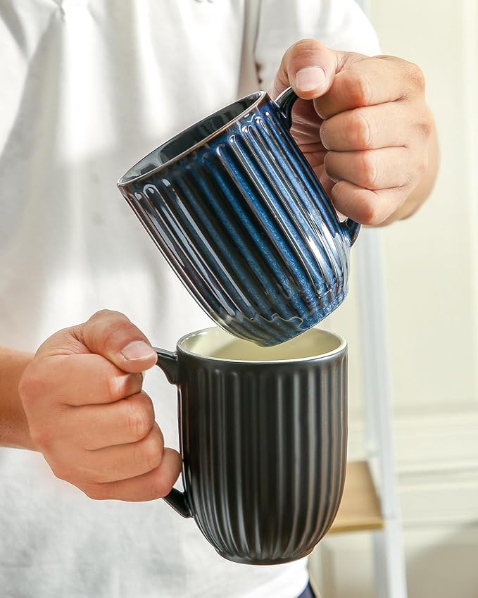 HASENSE 20 Oz Ceramic Coffee Mug with Handle, Large Black & Navy Blue Porcelain Latte Cup for Coffee, Tea, Hot Cocoa, Ribbed Tea Mug Set of 2, Microwave & Dishwasher Safe, Birthday Gifts for Women