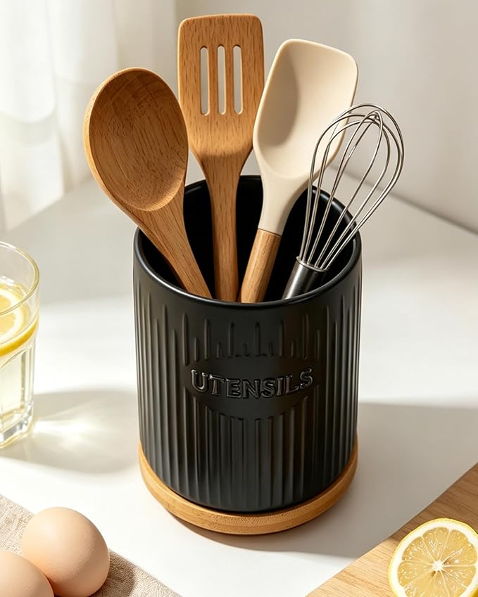 360° Rotating Utensil Holder, 7.6" Large Ceramic Kitchen Utensil Holder for Countertop with Rotatable Bamboo Base, Stable Cooking Utensil Crock, Farmhouse kitchen Decor, Black