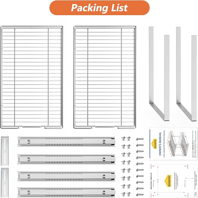 ROOMTEC Individual Pull Out Cabinet Organizer (14" W x 18" D), 2 Tier Spice Rack Organizer for Cabinet, Slide Out Drawer Pantry Shelf Organization and Storage for Kitchen Bathroom