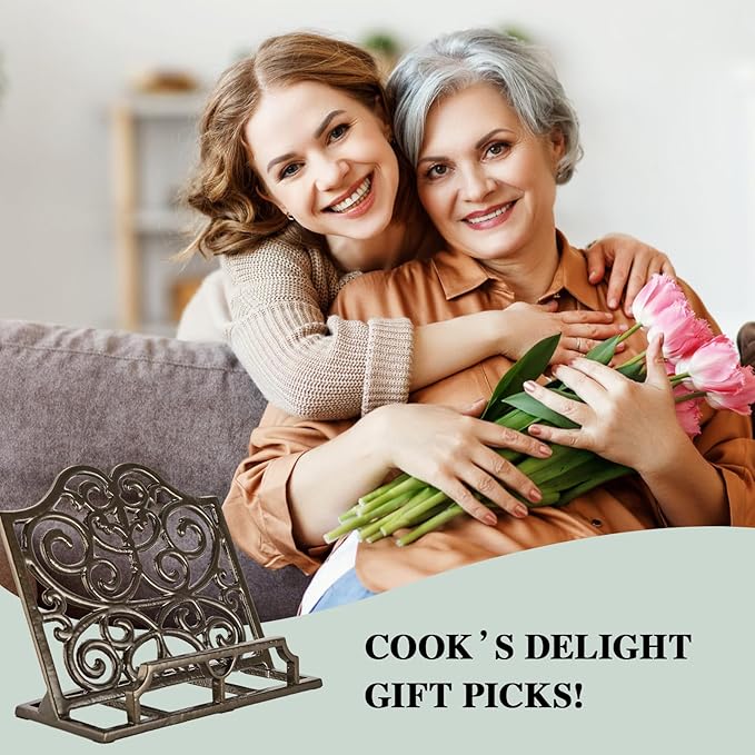 JOGREFUL Cookbook Stand, Cast Iron Heavy-Duty Recipe Book Holder, Kitchen Vintage Recipe Book Holder, Reading Rest Holder for Easel/Counter/Books/Magazine/iPad/Bible, Classic Coffee Gold