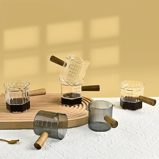 Glass Measuring Cup, 5oz Espresso Shot Glass with Wood Handle, Double Spouts Measuring Triple Pitcher Milk Cup for Coffee Tea (Transparent Ribbed)