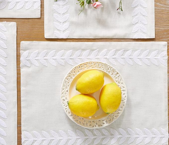 Wracra Embroidered Placemats, 13 x 18 Inch Set of 4 Placemats, Irregular Willow Rustic Place Mats for Kitchen Table and Heat Resistant, White 4PCS