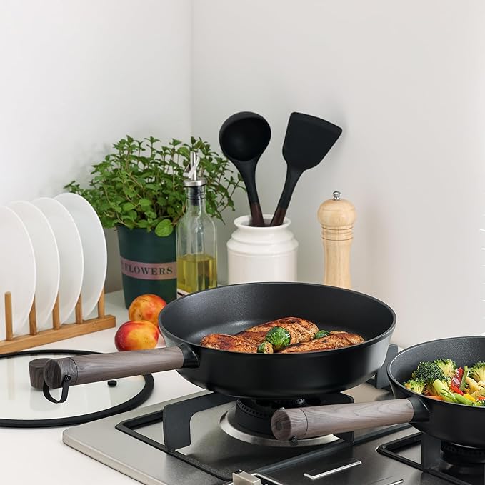 SENSARTE Kitchen Utensils 2-Piece, Silicone Cooking Utensils, Silicone Spatula and Ladle with Wooden Handle, Black