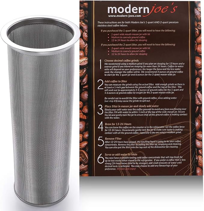 MODERNJOE'S Premium Infuser Cold Brew Coffee Maker for 2 Quart Wide Mouth Mason Jars. Cold Brew Coffee Filter. Perfect for Ice Coffee and Tea. 50 Micron EXTRA Fine Mesh 304 Stainless Steel
