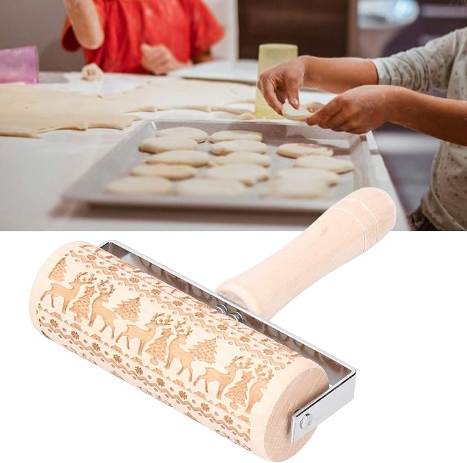 Embossed Wooden Rolling Pin, Engraved Embossing Rolling Pin with Christmas Pattern for Baking Embossed Cookies,Cute Kitchen Tool for Kids and Adults (1#) embossing