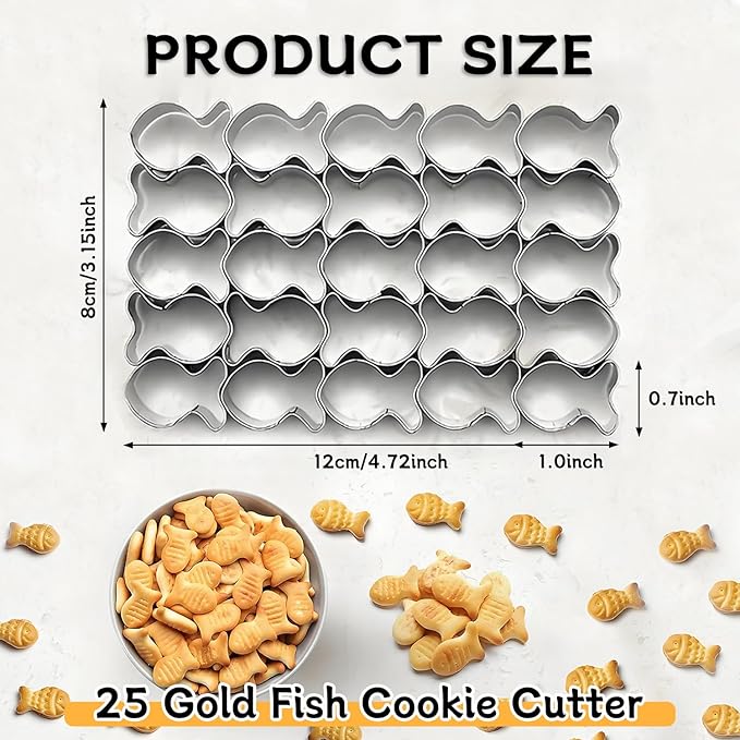 GoldFish Cracker Cutter, 25 Cavity Mini Cookie Cutters with Cleaning Brush, Goldfish Mold Stainless Steel Fish Shaped for Non-Stick Dough DIY Cookie Mold